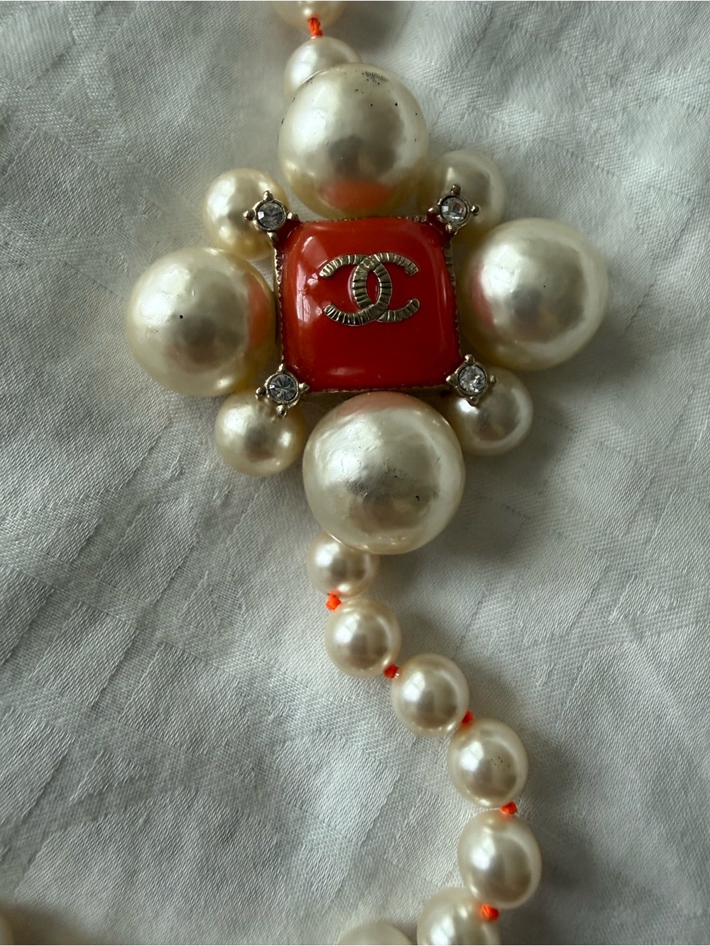 CHANEL Ivory Pearl Multi-Strand Necklace with Red Center and Crystal CC - Picture 5 of 6